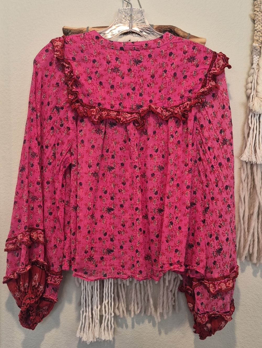 Free People Pink & Red Ruffle Detail Floral Long Sleeve Bohemian Top, XS - Picture 5 of 10